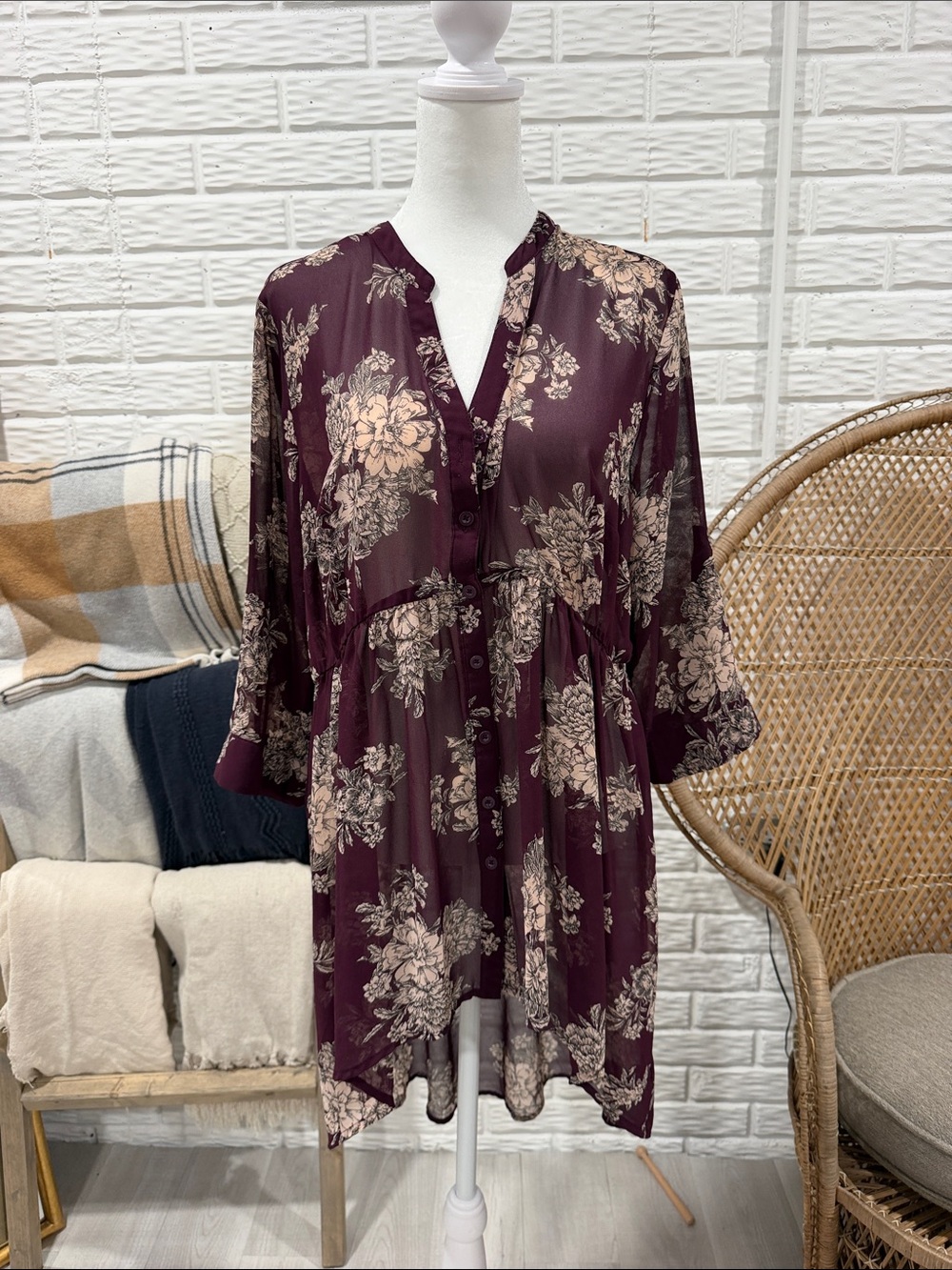 torrid Burgundy Floral V-Neck Button Tunic Dress